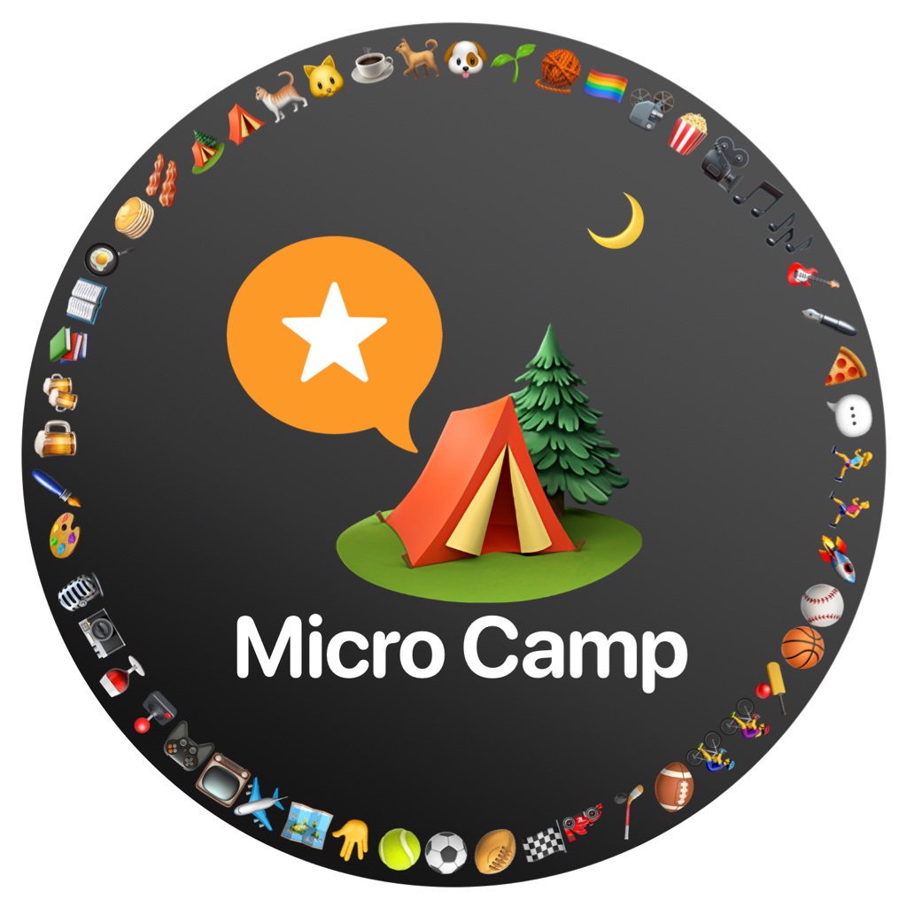 Micro camp sticker with discovery emoji around the edge and a tent in the middle.