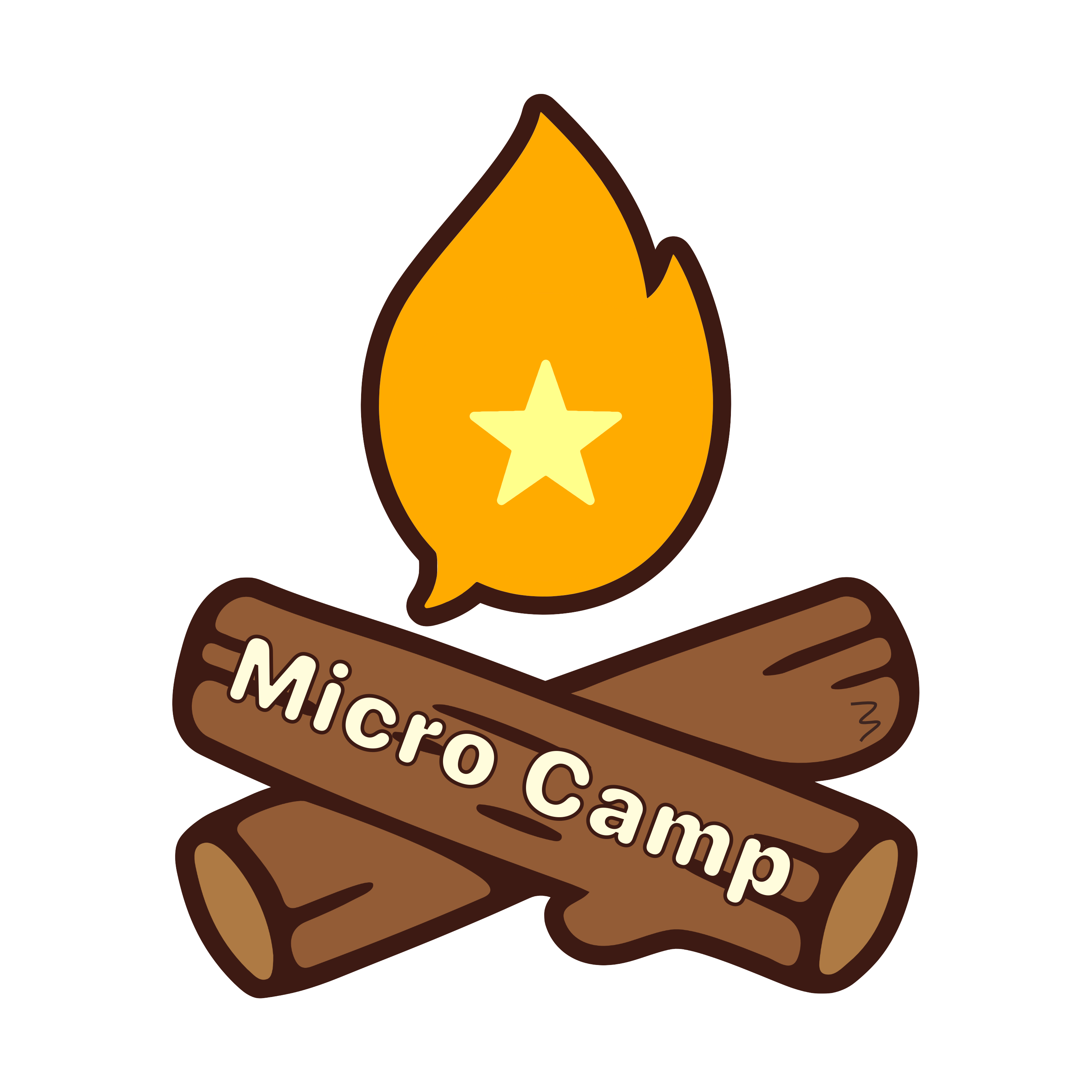 Micro Camp sticker that looks like a log fire with Micro.blog logo flames.